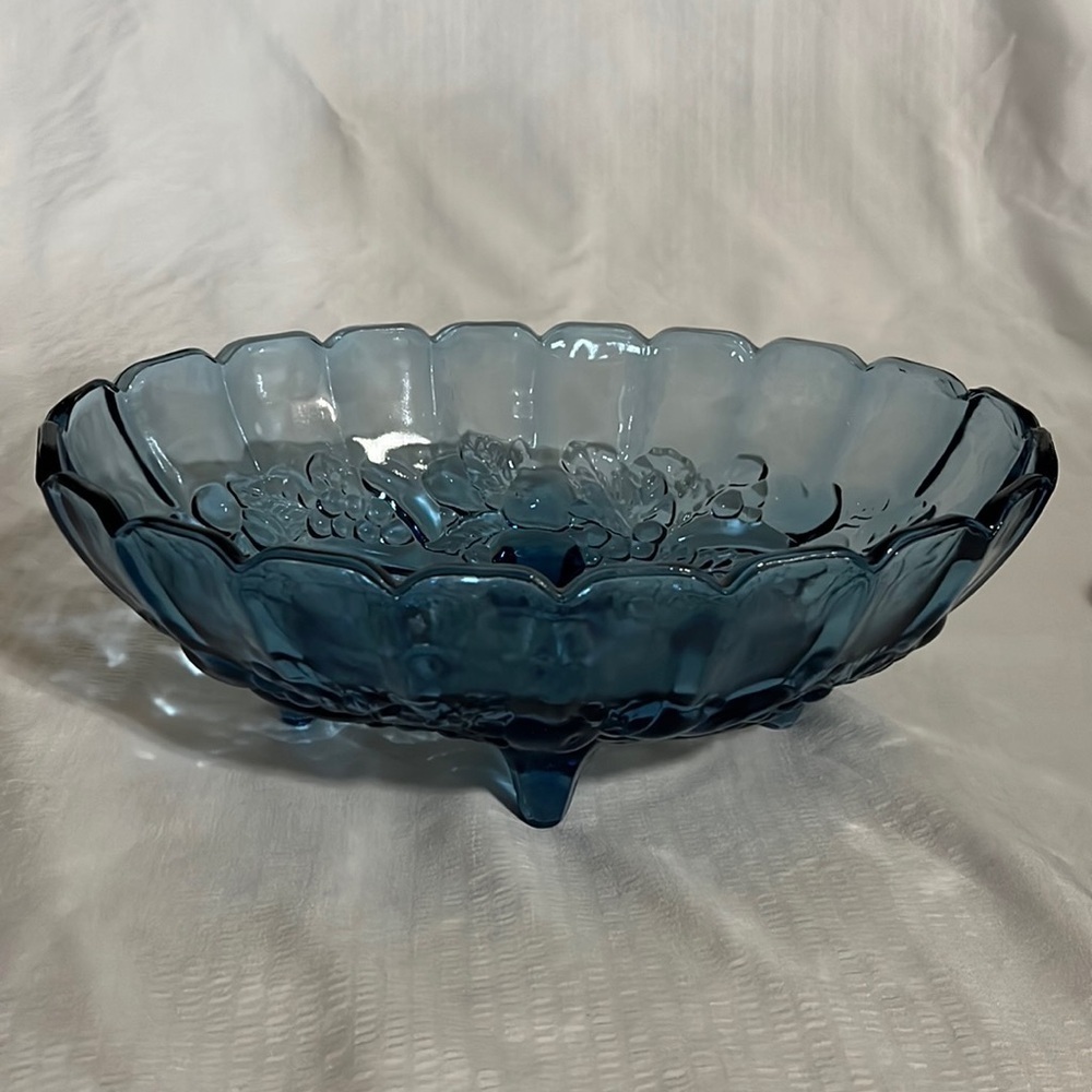Vintage Indiana Glass Blue Harvest Fruit Footed Console Bowl